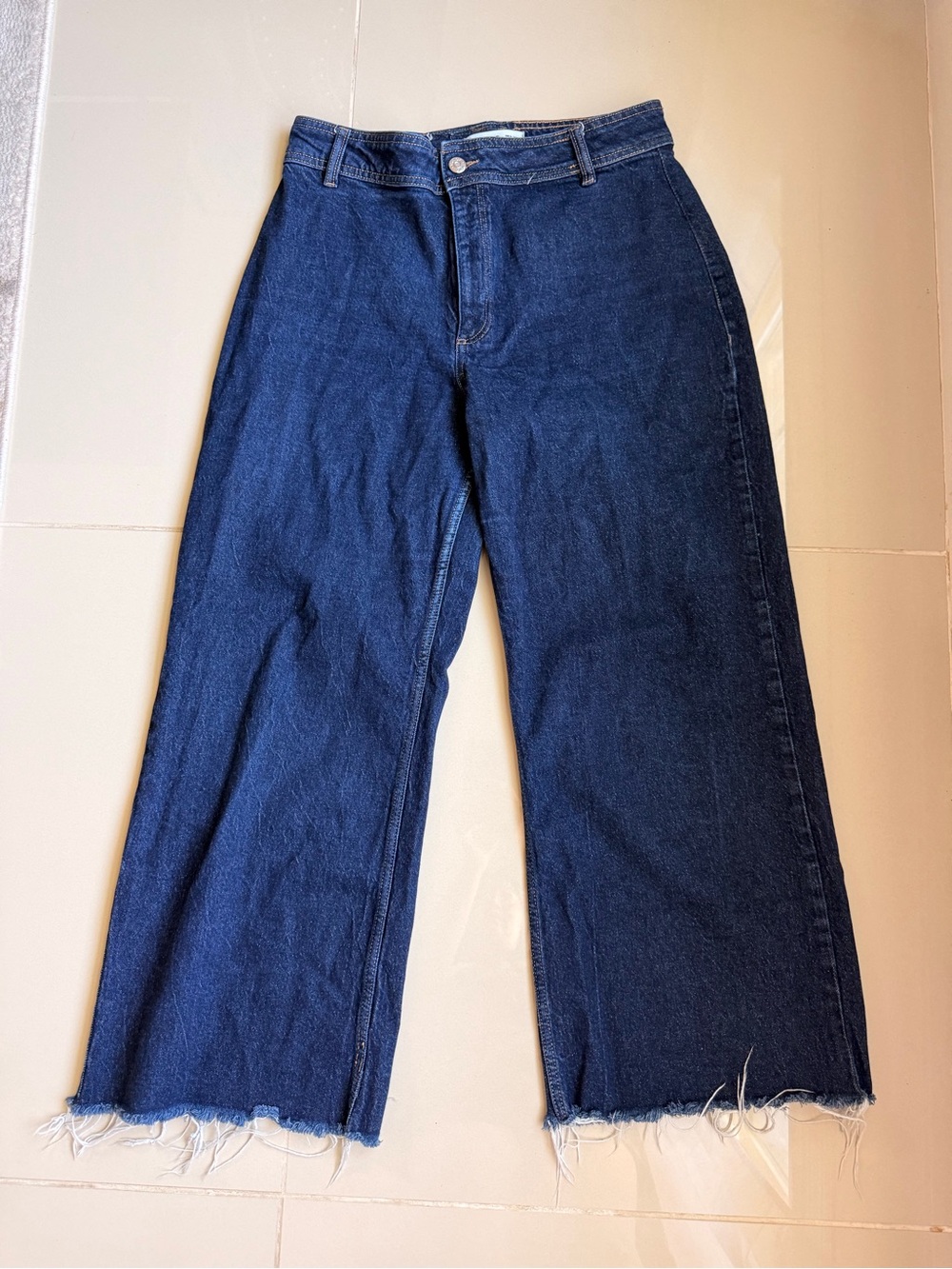 Mango MNG Womens Wide Leg Crop Jeans High Rise Dark Indigo Raw Frayed Hem USA 14